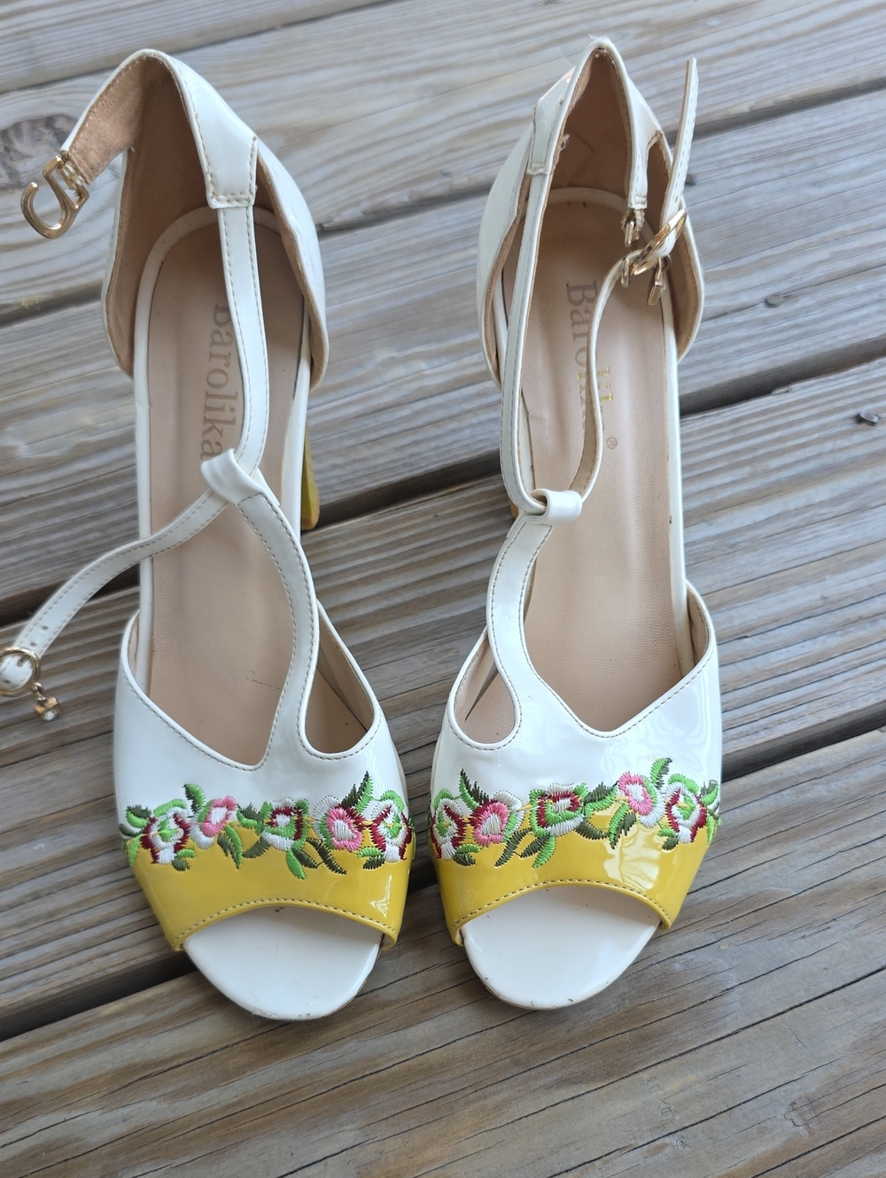 White & Yellow Floral Embroidered T-Strap Heels